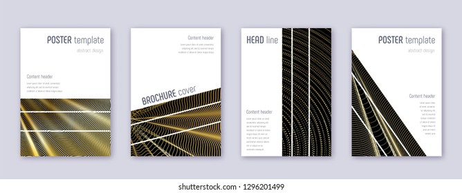 Geometric brochure design template set. Gold abstract lines on black background. Alive brochure design. Likable catalog, poster, book template etc.