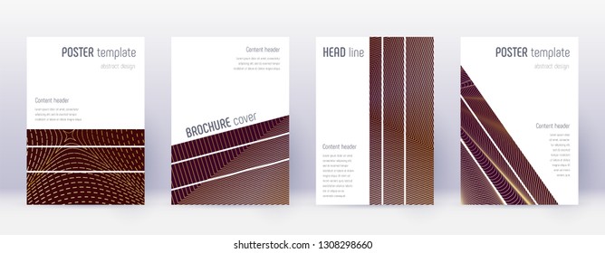 Geometric brochure design template set. Gold abstract lines on bordo background. Alive brochure design. Stylish catalog, poster, book template etc.