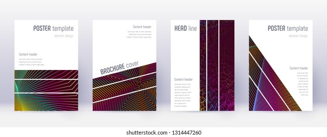 Geometric brochure design template set. Rainbow abstract lines on wine red background. Alluring brochure design. Remarkable catalog, poster, book template etc.