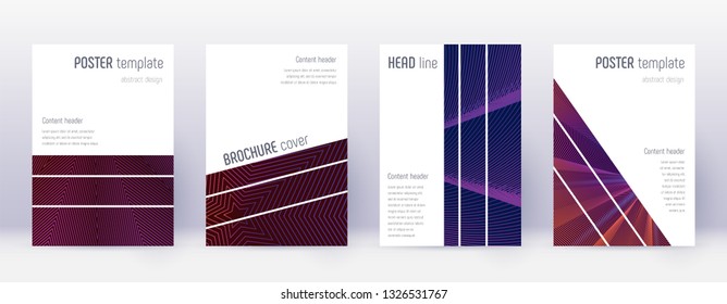 Geometric brochure design template set. Violet abstract lines on dark background. Amazing brochure design. Decent catalog, poster, book template etc.