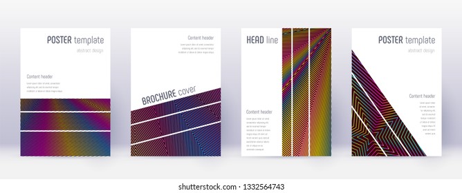 Geometric brochure design template set. Rainbow abstract lines on wine red background. Alluring brochure design. Resplendent catalog, poster, book template etc.
