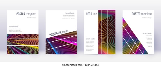 Geometric brochure design template set. Rainbow abstract lines on wine red background. Alluring brochure design. Radiant catalog, poster, book template etc.