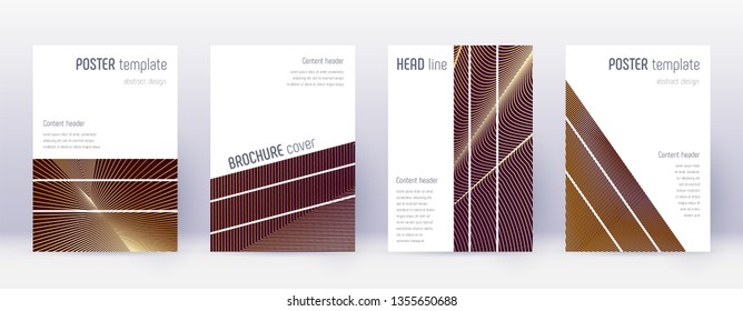 Geometric brochure design template set. Gold abstract lines on bordo background. Alive brochure design. Stunning catalog, poster, book template etc.