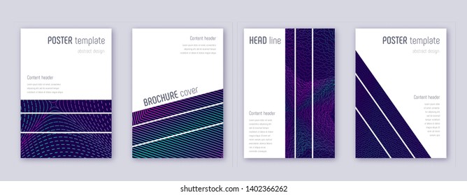 Geometric brochure design template set. Neon abstract lines on dark blue background. Alluring brochure design. Breathtaking catalog, poster, book template etc.