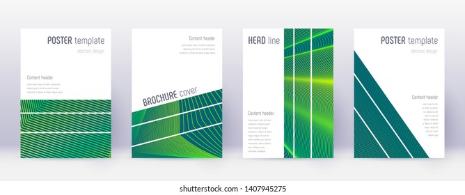 Geometric brochure design template set. Green abstract lines on dark background. Alluring brochure design. Beautiful catalog, poster, book template etc.