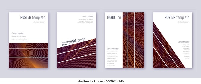Geometric brochure design template set. Orange abstract lines on wine-red background. Alluring brochure design. Fine catalog, poster, book template etc.