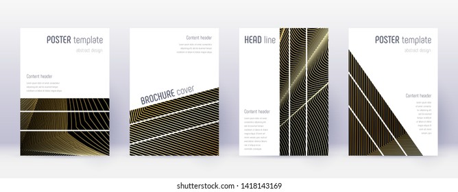 Geometric brochure design template set. Gold abstract lines on black background. Alive brochure design. Neat catalog, poster, book template etc.