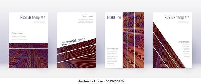 Geometric brochure design template set. Orange abstract lines on wine red background. Alluring brochure design. Fabulous catalog, poster, book template etc.