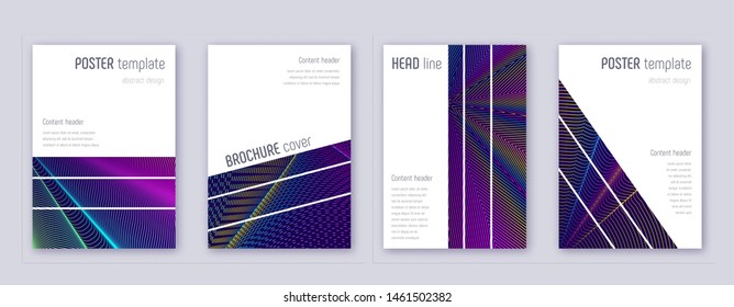 Geometric brochure design template set. Rainbow abstract lines on dark blue background. Alluring brochure design. Likable catalog, poster, book template etc.