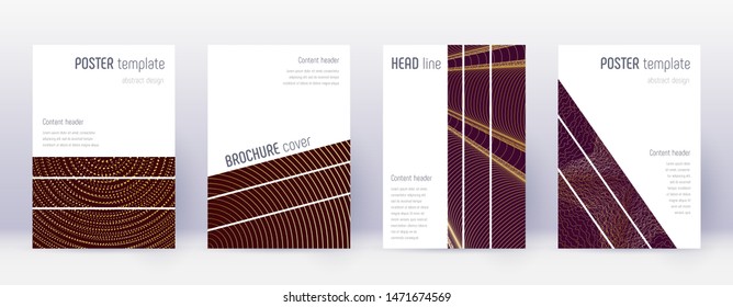 Geometric brochure design template set. Gold abstract lines on bordo background. Alive brochure design. Surprising catalog, poster, book template etc.