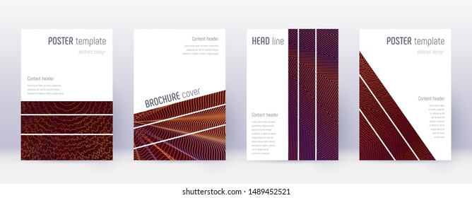 Geometric brochure design template set. Orange abstract lines on wine red background. Alluring brochure design. Excellent catalog, poster, book template etc.