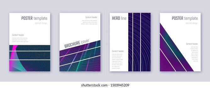 Geometric brochure design template set. Neon abstract lines on dark blue background. Alluring brochure design. Comely catalog, poster, book template etc.