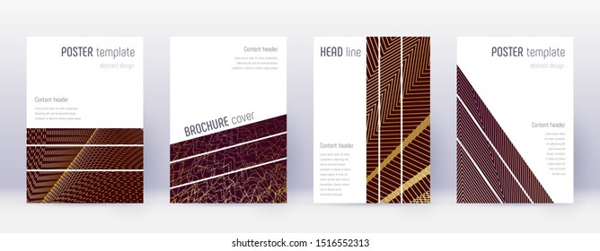 Geometric brochure design template set. Gold abstract lines on bordo background. Alive brochure design. Symmetrical catalog, poster, book template etc.