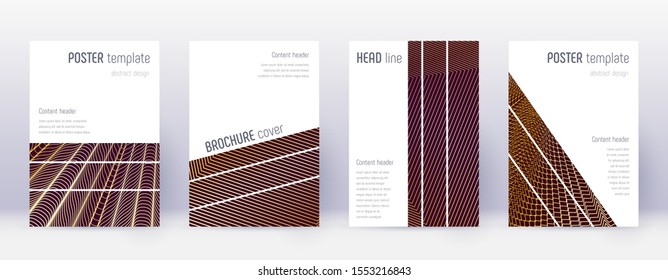 Geometric brochure design template set. Gold abstract lines on bordo background. Alive brochure design. Tempting catalog, poster, book template etc.