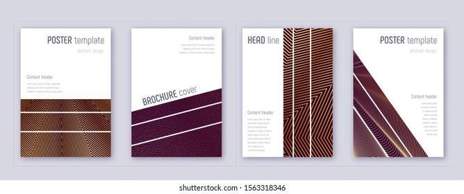 Geometric brochure design template set. Gold abstract lines on bordo background. Alive brochure design. Pleasing catalog, poster, book template etc.