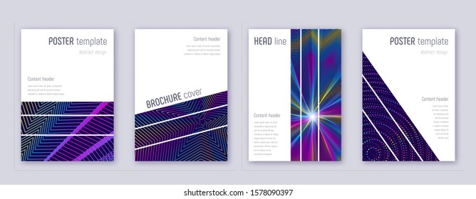 Geometric brochure design template set. Rainbow abstract lines on dark blue background. Alluring brochure design. Imaginative catalog, poster, book template etc.