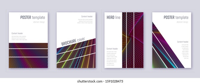 Geometric brochure design template set. Rainbow abstract lines on wine red background. Alluring brochure design. Positive catalog, poster, book template etc.