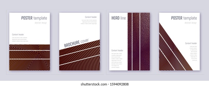 Geometric brochure design template set. Gold abstract lines on bordo background. Alive brochure design. Rare catalog, poster, book template etc.