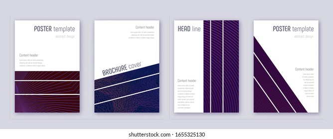 Geometric brochure design template set. Violet abstract lines on dark background. Amazing brochure design. Bewitching catalog, poster, book template etc.