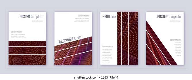 Geometric brochure design template set. Orange abstract lines on wine-red background. Alluring brochure design. Glamorous catalog, poster, book template etc.