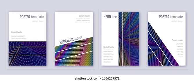 Geometric brochure design template set. Rainbow abstract lines on dark blue background. Alluring brochure design. Lovely catalog, poster, book template etc.