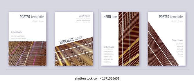 Geometric brochure design template set. Gold abstract lines on bordo background. Alive brochure design. Quaint catalog, poster, book template etc.