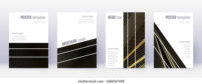 Geometric brochure design template set. Gold abstract lines on black background. Alive brochure design. Mind-blowing catalog, poster, book template etc.