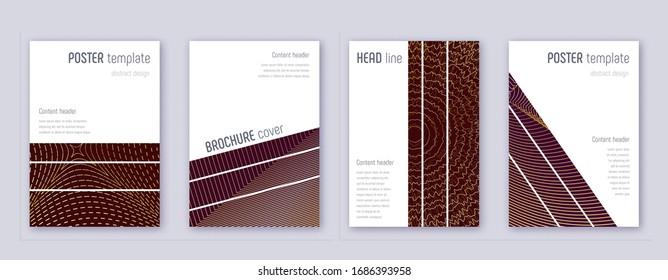 Geometric brochure design template set. Gold abstract lines on bordo background. Alive brochure design. Popular catalog, poster, book template etc.