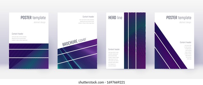 Geometric brochure design template set. Neon abstract lines on dark blue background. Alluring brochure design. Dramatic catalog, poster, book template etc.