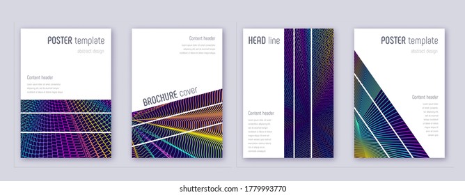 Geometric brochure design template set. Rainbow abstract lines on dark blue background. Alluring brochure design. Indelible catalog, poster, book template etc.