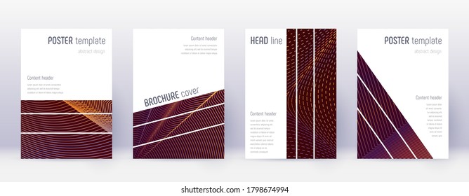 Geometric brochure design template set. Orange abstract lines on wine red background. Alluring brochure design. Exceptional catalog, poster, book template etc.