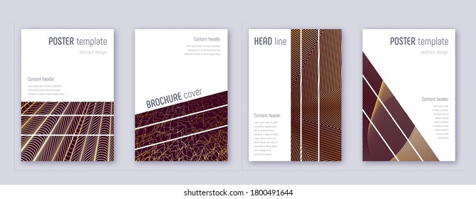Geometric brochure design template set. Gold abstract lines on bordo background. Alive brochure design. Positive catalog, poster, book template etc.