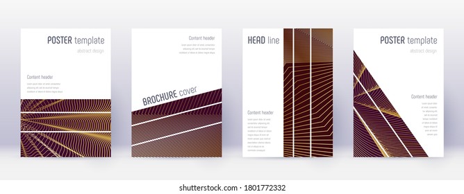 Geometric brochure design template set. Gold abstract lines on bordo background. Alive brochure design. Splendid catalog, poster, book template etc.