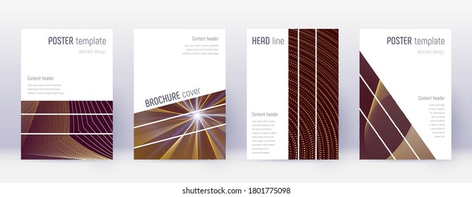 Geometric brochure design template set. Gold abstract lines on bordo background. Alive brochure design. Sublime catalog, poster, book template etc.