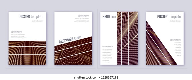 Geometric brochure design template set. Gold abstract lines on bordo background. Alive brochure design. Pleasant catalog, poster, book template etc.