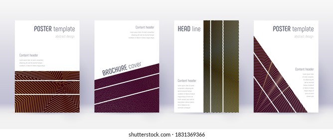 Geometric brochure design template set. Gold abstract lines on bordo background. Alive brochure design. Terrific catalog, poster, book template etc.