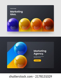 Geometric brochure design vector template collection. Vivid 3D balls presentation concept bundle.