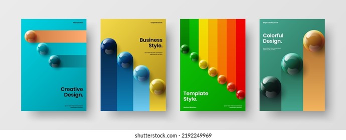 Geometric brochure design vector template composition. Multicolored realistic spheres book cover concept collection.
