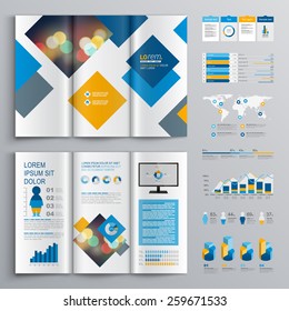 Geometric brochure template design with blue and orange square elements. Cover layout and infographics