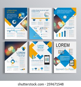 Geometric brochure template design with blue and orange square elements. Cover layout and infographics