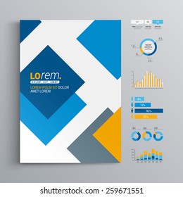 Geometric brochure template design with blue and orange square elements. Cover layout and infographics