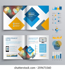 Geometric brochure template design with blue and orange square elements. Cover layout and infographics
