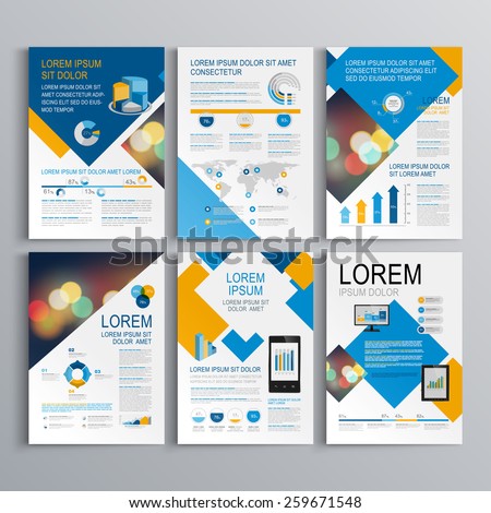 Geometric brochure template design with blue and orange square elements. Cover layout and infographics