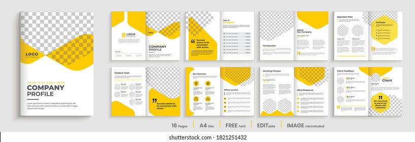 Geometric Brochure template layout design,yellow minimal business profile,16 pages brochure, multipage orange shape brochure design.