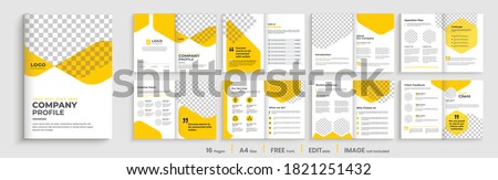 Geometric Brochure template layout design,yellow minimal business profile,16 pages brochure, multipage orange shape brochure design.