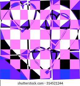 Geometric and broken background pattern with Pink checkered heart  illustration together vector print pattern. For fashion and graphic design. Valentines day gift offer and t shirt print, poster