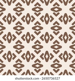 Geometric brown shapes repeated on a cream colored surface. Tribal Diamond Cross repeat seamless pattern background. Bold cross and diamond shapes motif pattern.