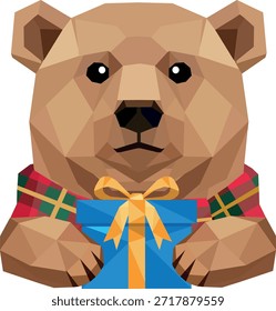 Geometric Brown Teddy Bear with Gift Low Poly Christmas Vector Illustration