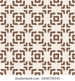 Geometric brown tile pattern on cream background. Rustic symmetrical pattern cross and square motifs in warm brown earth tones background. Tribal Grid seamless Pattern
handwoven textiles.