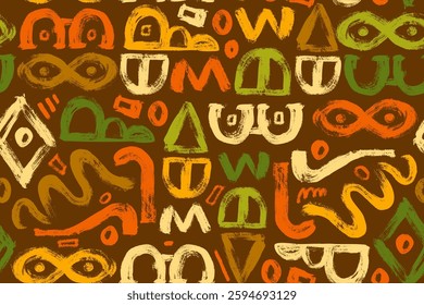 Geometric Brushstrokes Seamless Pattern with Trendy Bold Shapes Isolated on Brown Background. Colorful decorative and minimal hand drawn design perfect for print, fashion, wrapping paper, fabrics